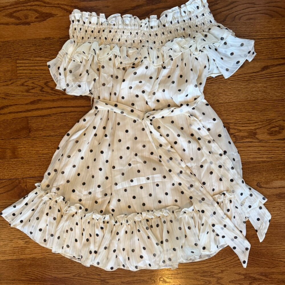 Selfie Leslie Rita Shirred Off-Shoulder Dress Polka Dot Print White - Medium